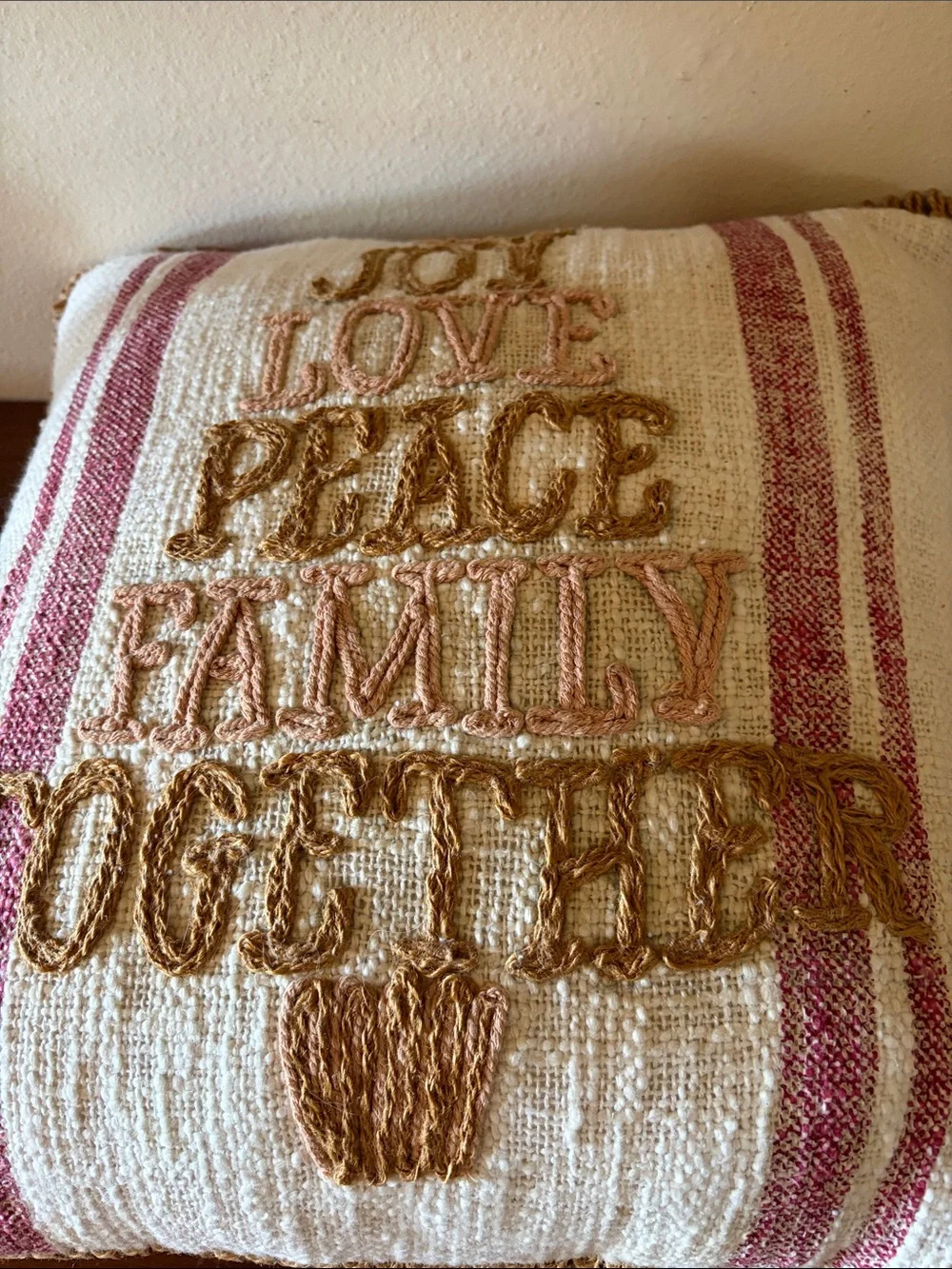 Holiday Joy Embroidered Stripe Throw Pillow - Cream & Red